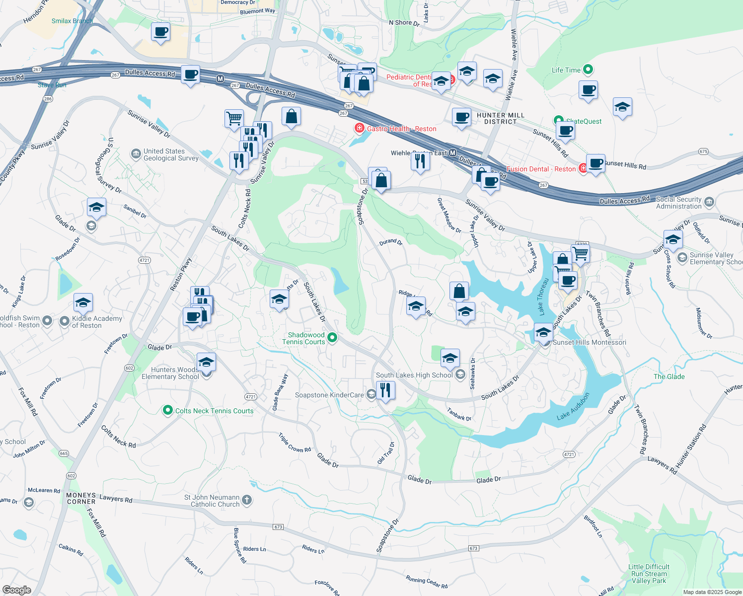 map of restaurants, bars, coffee shops, grocery stores, and more near 2164 Glencourse Lane in Reston