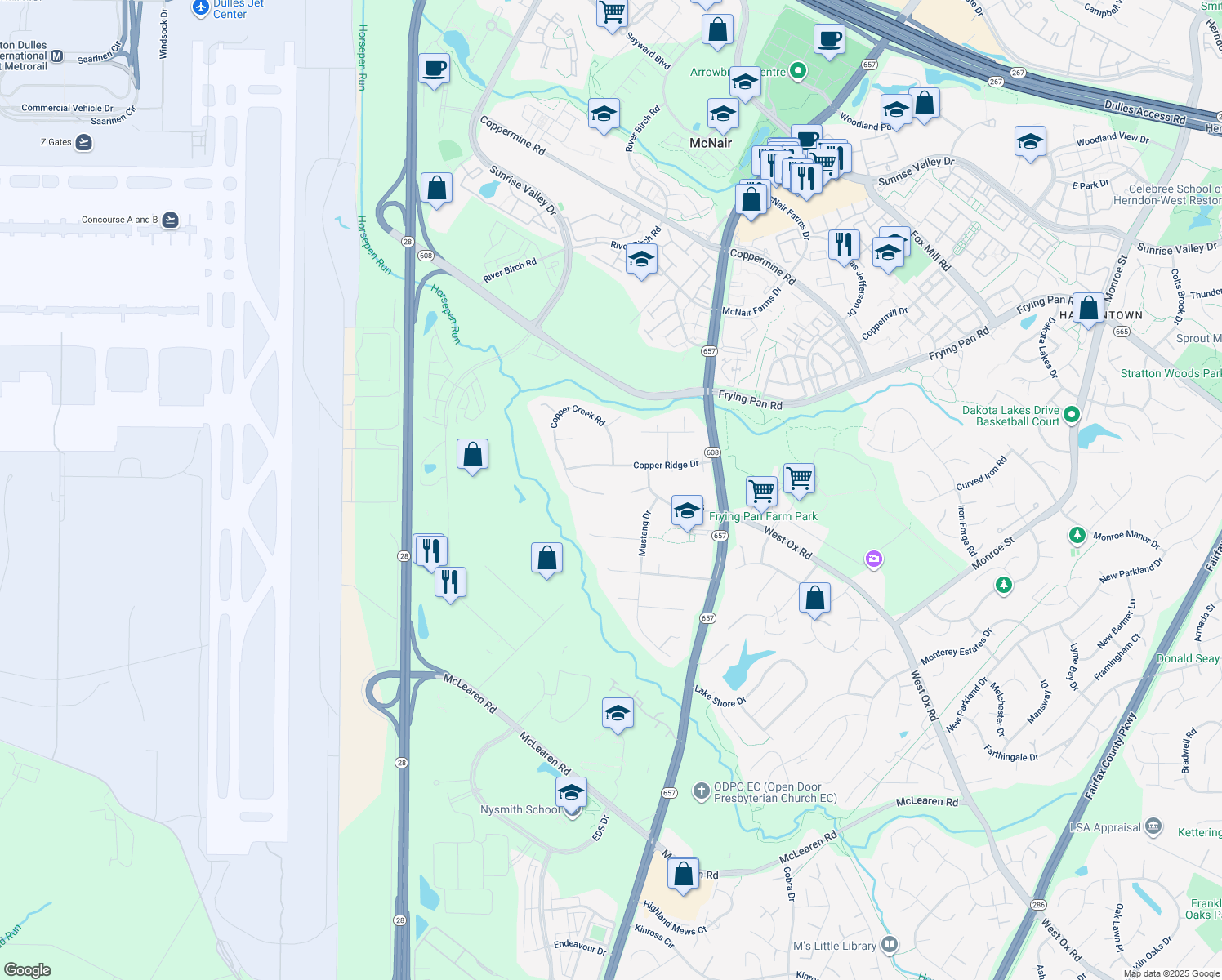 map of restaurants, bars, coffee shops, grocery stores, and more near 2757 Copper Creek Rd in Herndon