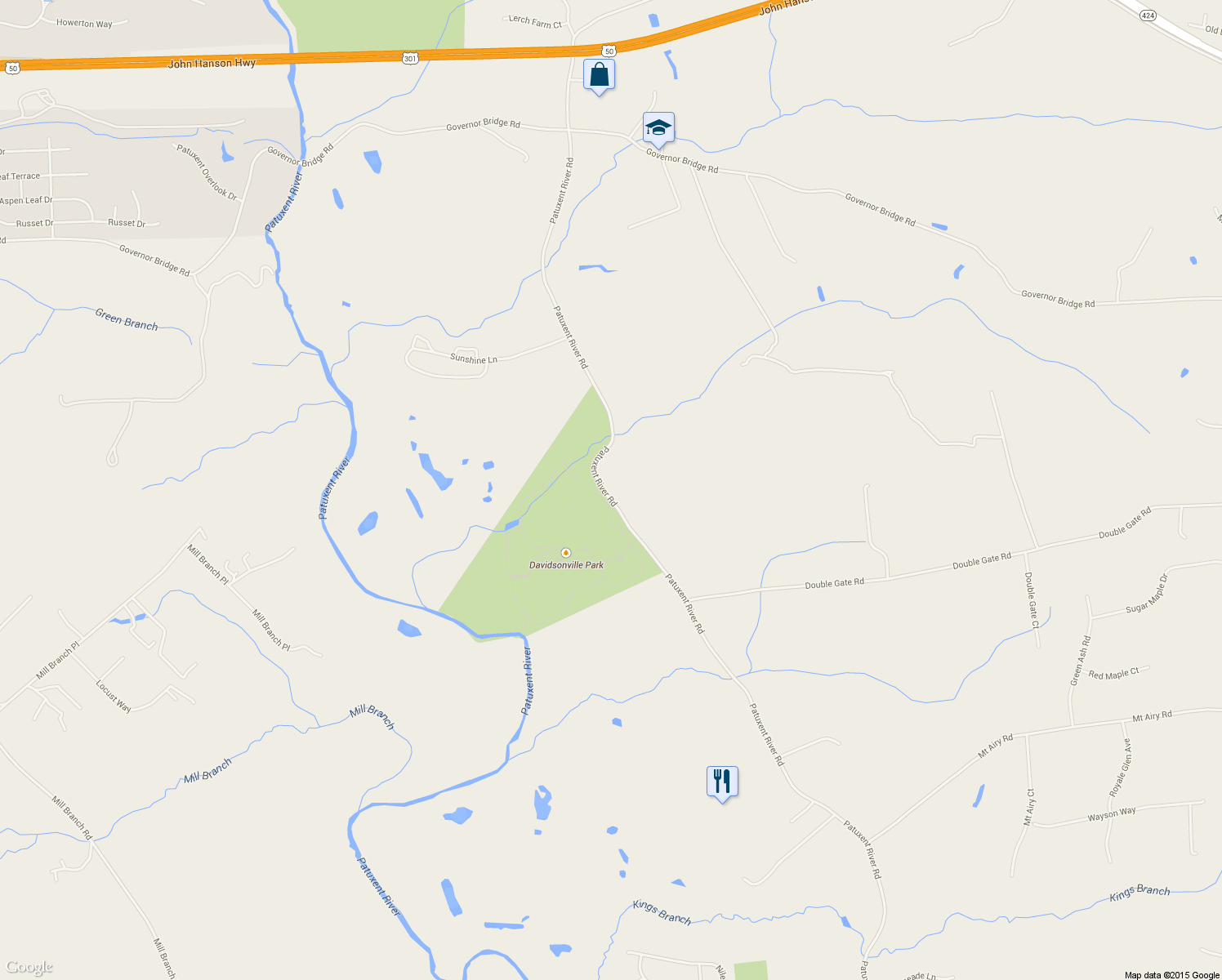 map of restaurants, bars, coffee shops, grocery stores, and more near 3111 Patuxent River Rd in Davidsonville