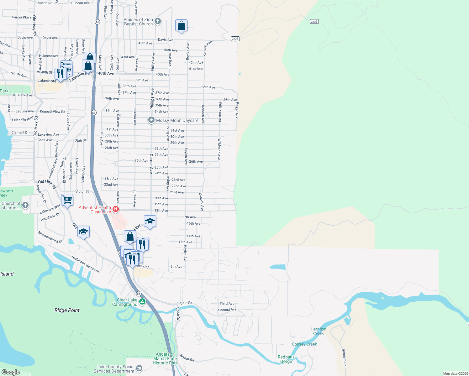 map of restaurants, bars, coffee shops, grocery stores, and more near 16497 22nd Avenue in Clearlake