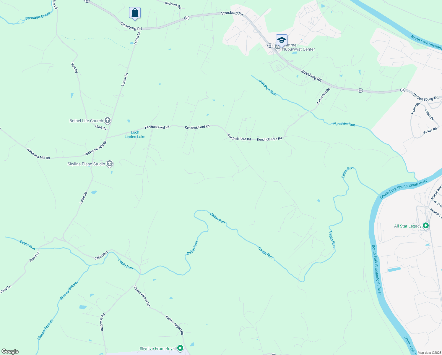 map of restaurants, bars, coffee shops, grocery stores, and more near Timber Ridge Drive in Front Royal