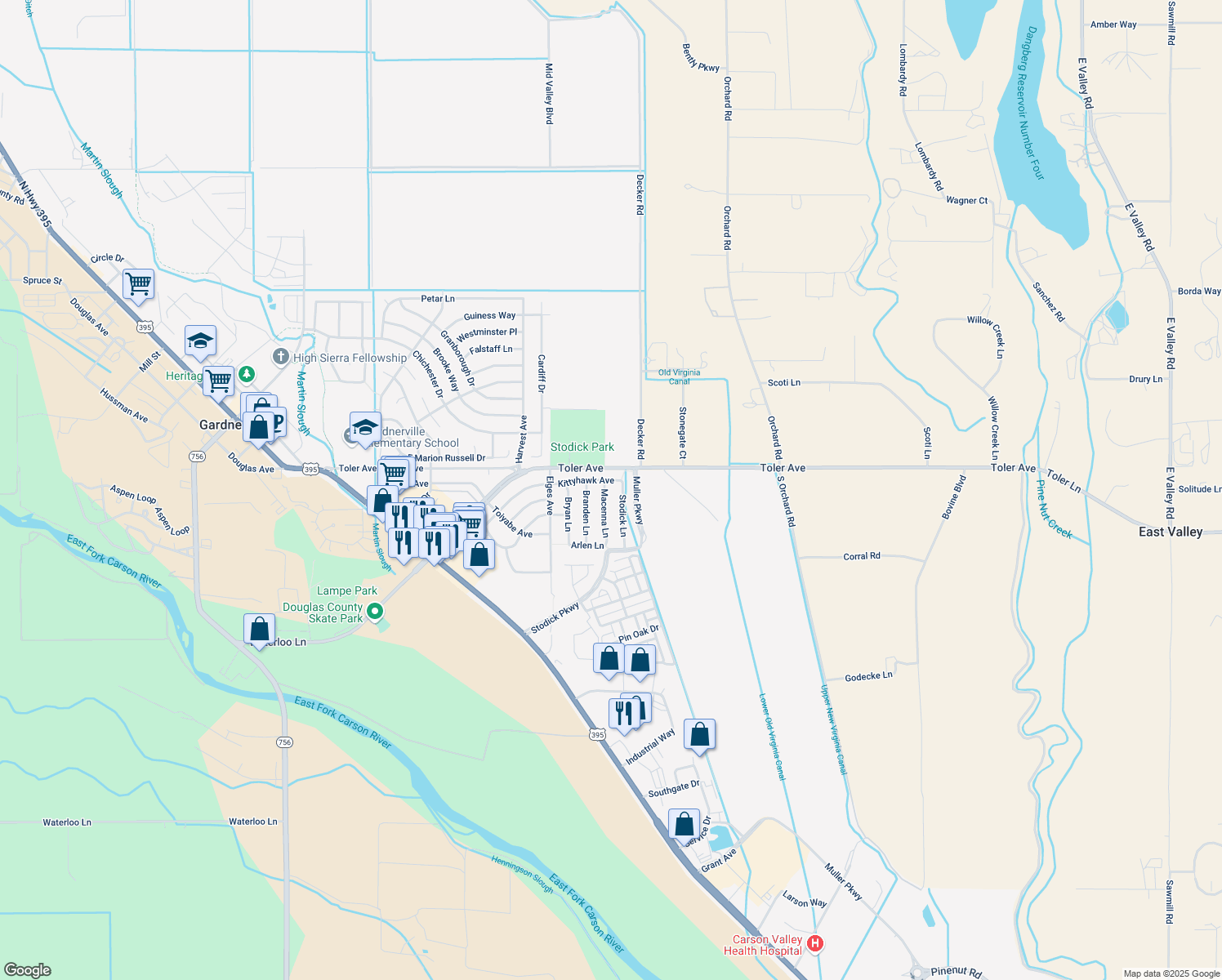 map of restaurants, bars, coffee shops, grocery stores, and more near 1381 Macenna Lane in Gardnerville