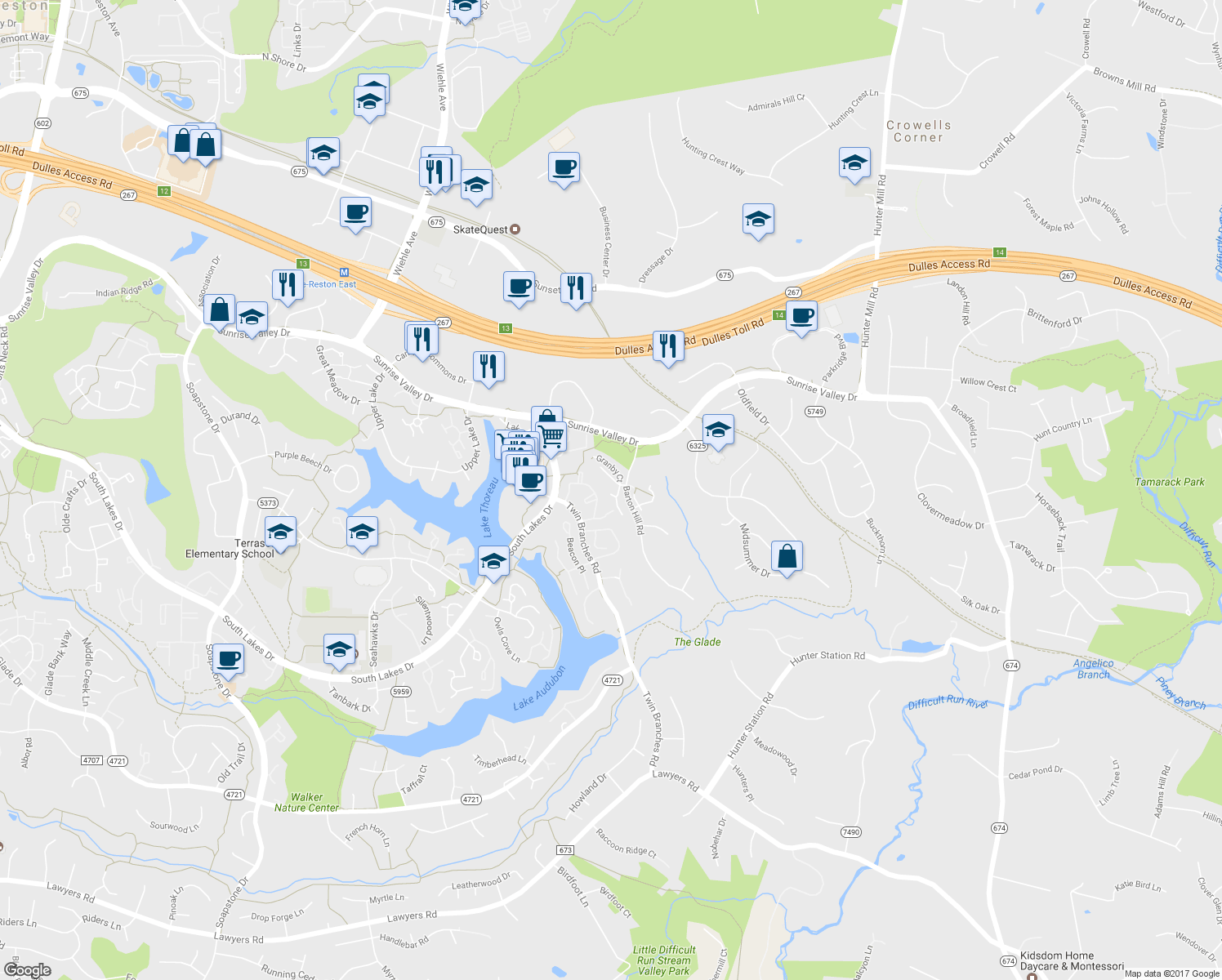 map of restaurants, bars, coffee shops, grocery stores, and more near 10989 Greenbush Court in Reston