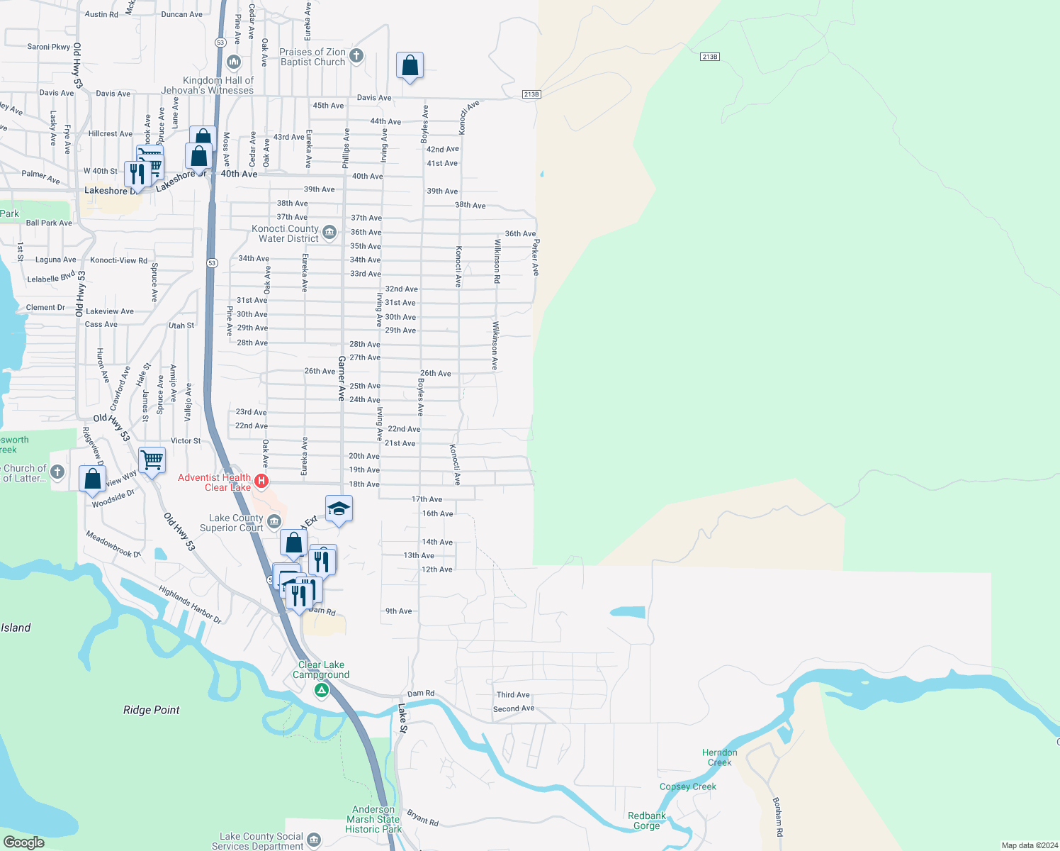 map of restaurants, bars, coffee shops, grocery stores, and more near 16496 22nd Avenue in Clearlake