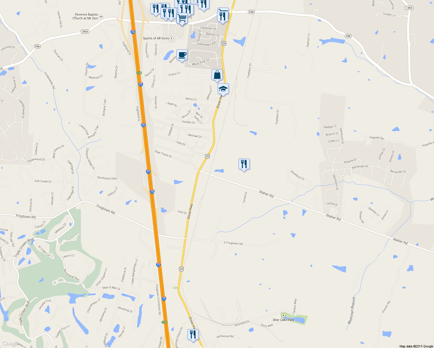 map of restaurants, bars, coffee shops, grocery stores, and more near 176 Maher Road in Walton