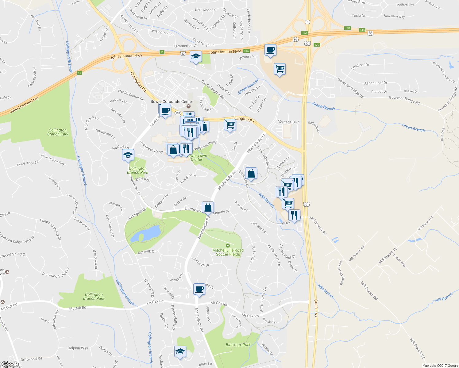 map of restaurants, bars, coffee shops, grocery stores, and more near 16110 Edenwood Drive in Bowie