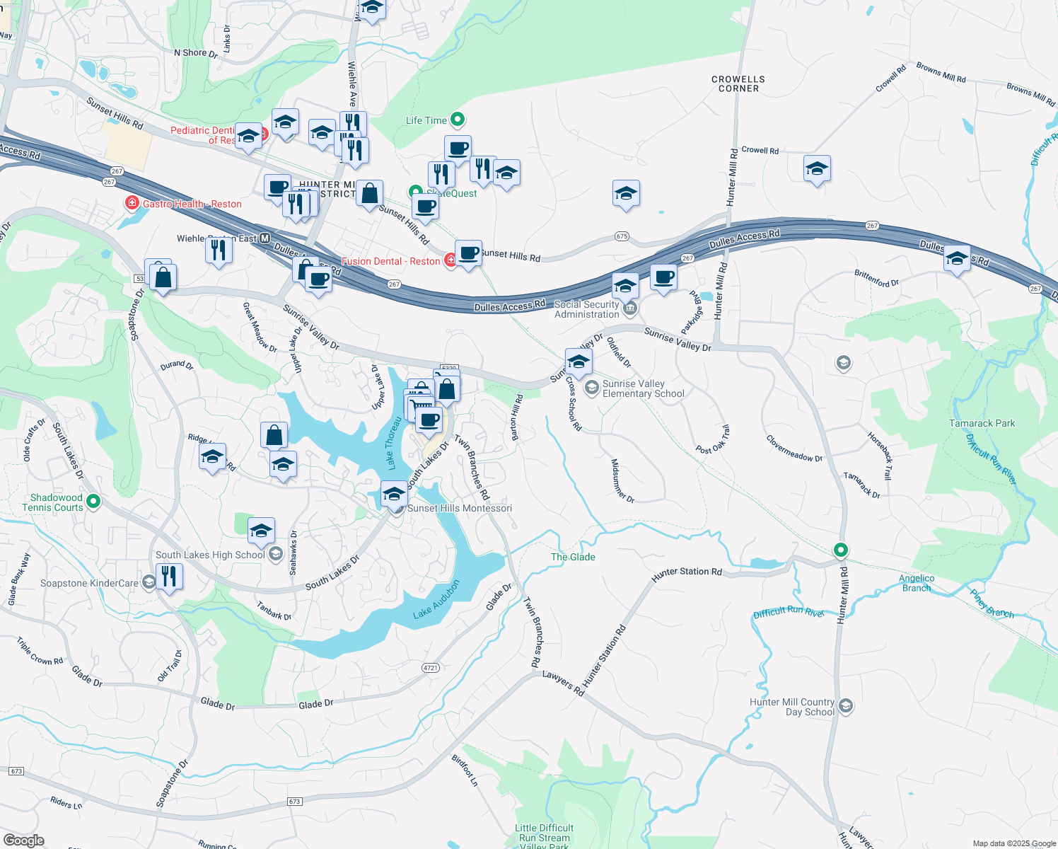 map of restaurants, bars, coffee shops, grocery stores, and more near 10920 Harpers Square Court in Reston