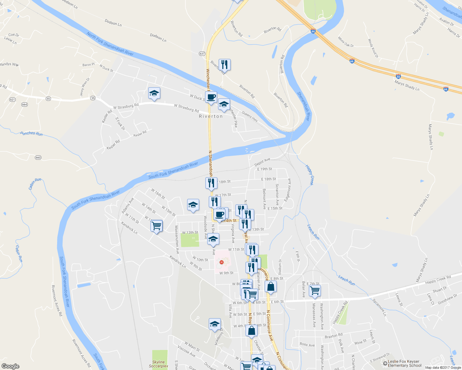 map of restaurants, bars, coffee shops, grocery stores, and more near 104 West 18th Street in Front Royal