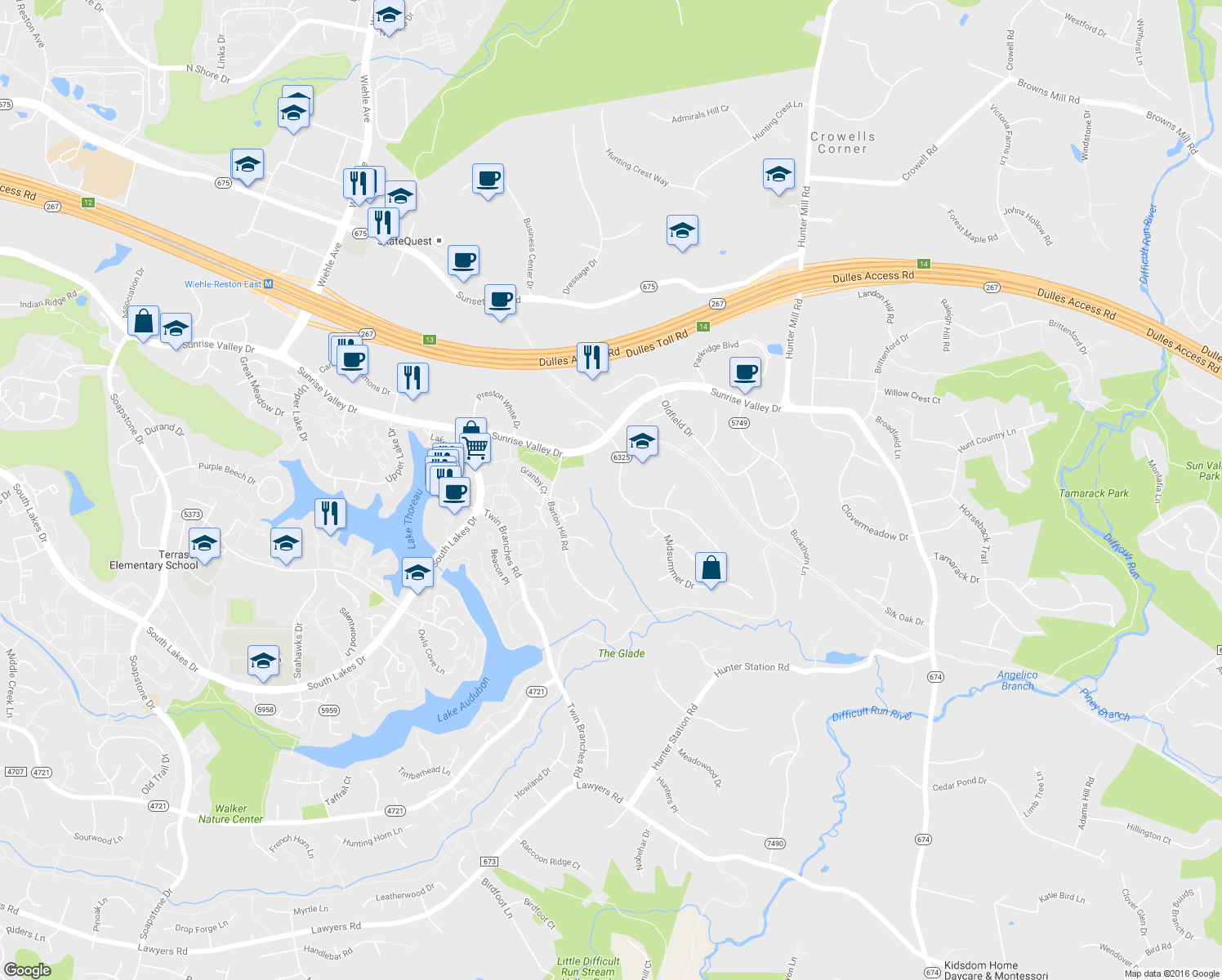 map of restaurants, bars, coffee shops, grocery stores, and more near 10815 Cross School Road in Reston