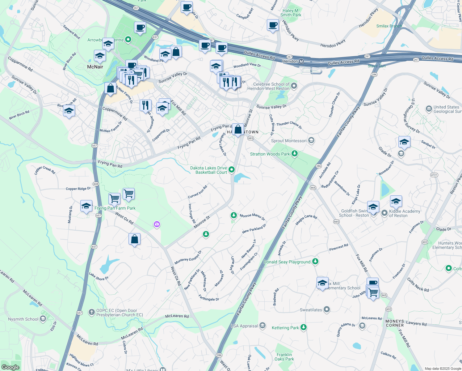 map of restaurants, bars, coffee shops, grocery stores, and more near 12901 Cedar Glen Lane in Herndon