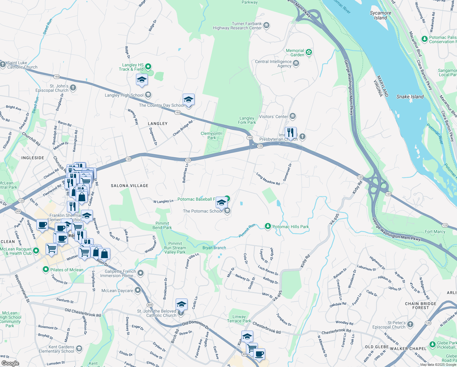 map of restaurants, bars, coffee shops, grocery stores, and more near 1228 Meyer Court in McLean