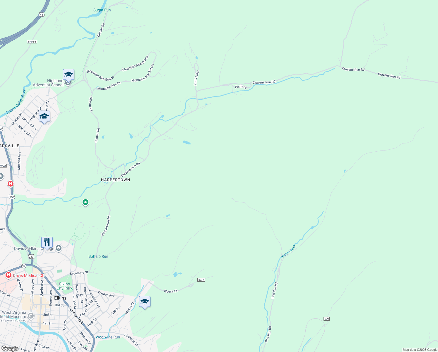 map of restaurants, bars, coffee shops, grocery stores, and more near Smith Lane in Elkins