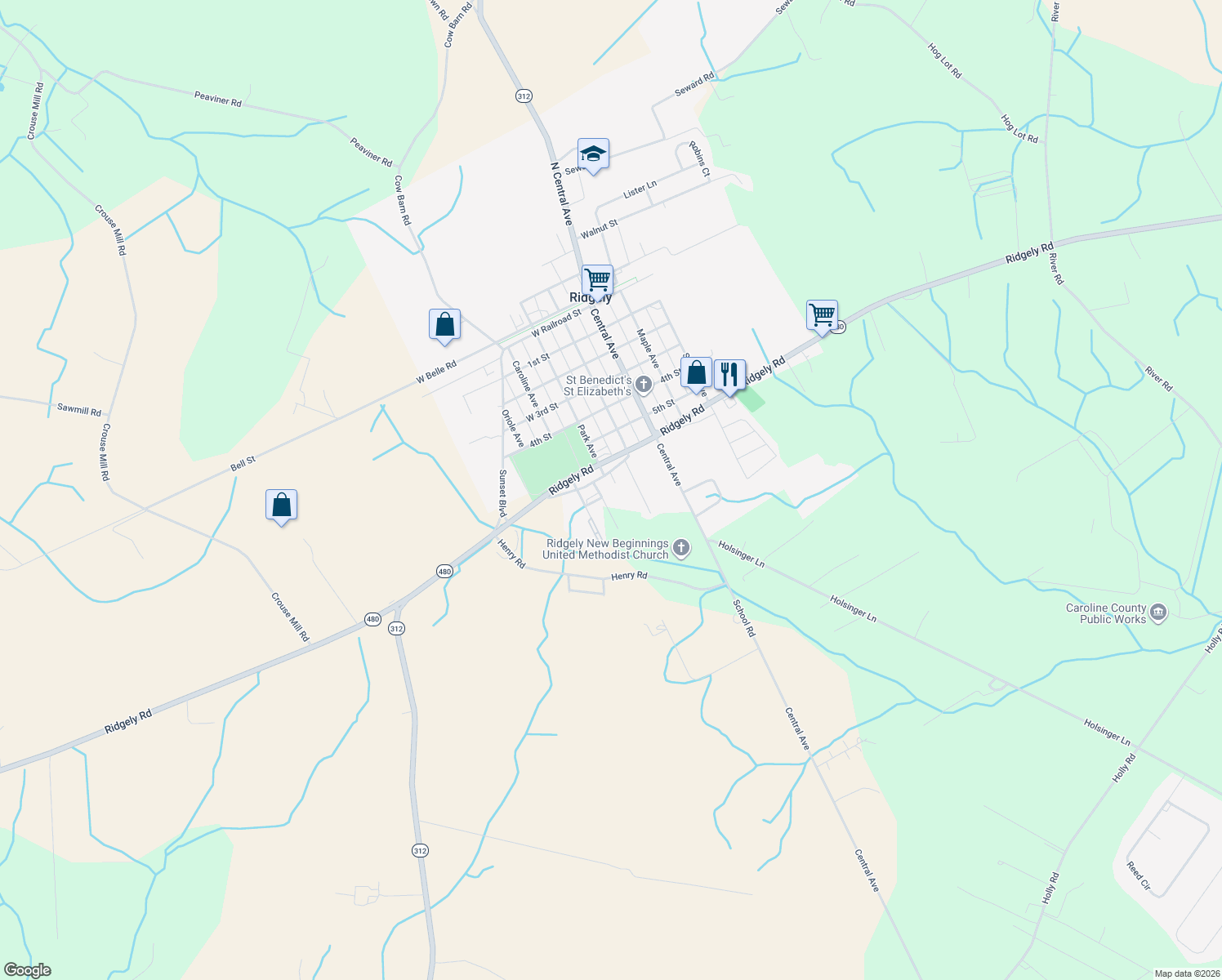 map of restaurants, bars, coffee shops, grocery stores, and more near 12094 Douglas St in Ridgely