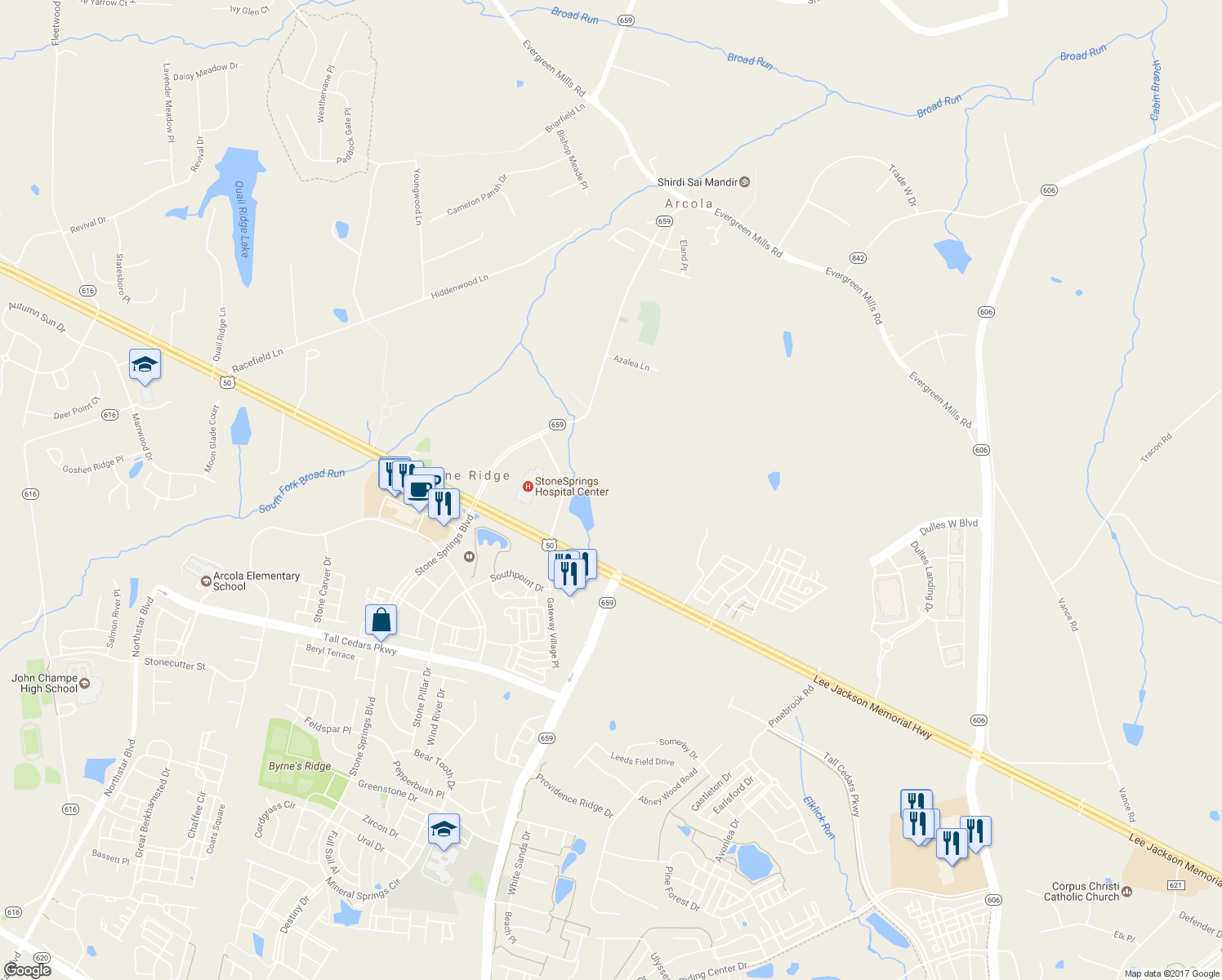 map of restaurants, bars, coffee shops, grocery stores, and more near 24490 Gum Spring Road in Sterling