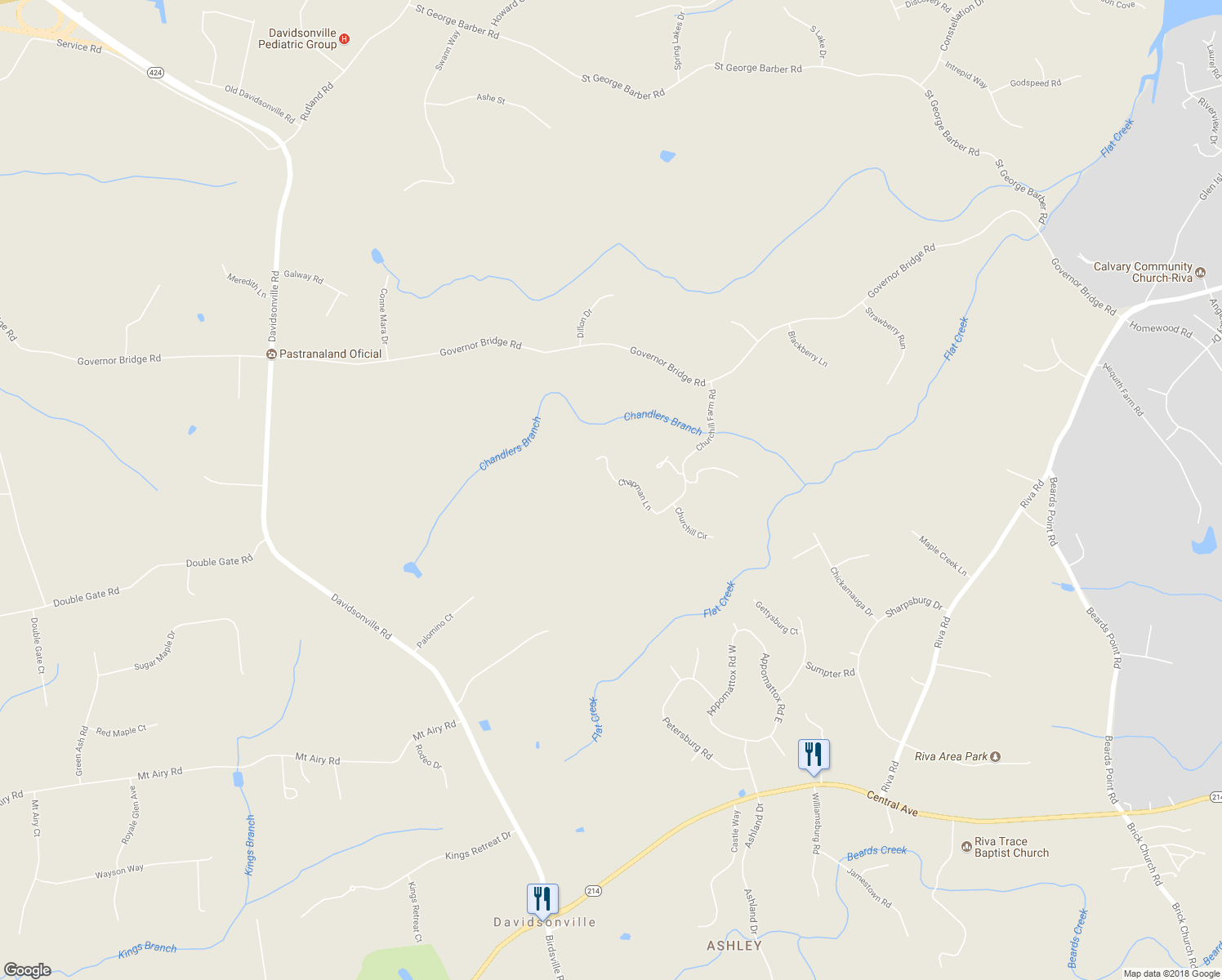 map of restaurants, bars, coffee shops, grocery stores, and more near 2508 Chapman Lane in Davidsonville