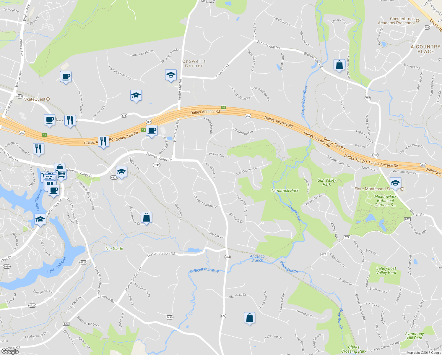 map of restaurants, bars, coffee shops, grocery stores, and more near 10409 Stone Ridge Lane in Vienna
