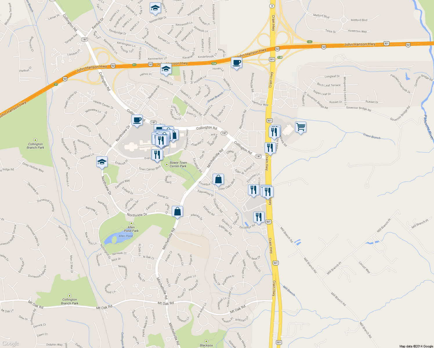 map of restaurants, bars, coffee shops, grocery stores, and more near 16010 Excalibur Road in Bowie