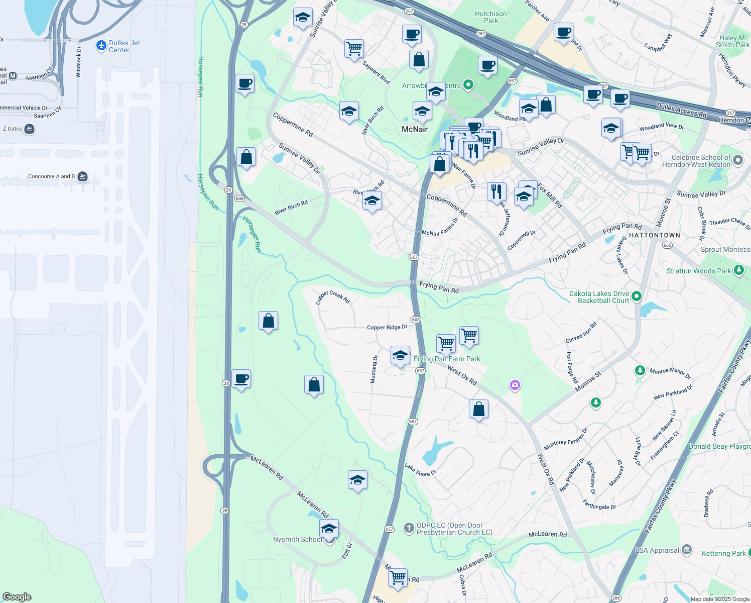 map of restaurants, bars, coffee shops, grocery stores, and more near 13524 Copper Bed Road in Herndon