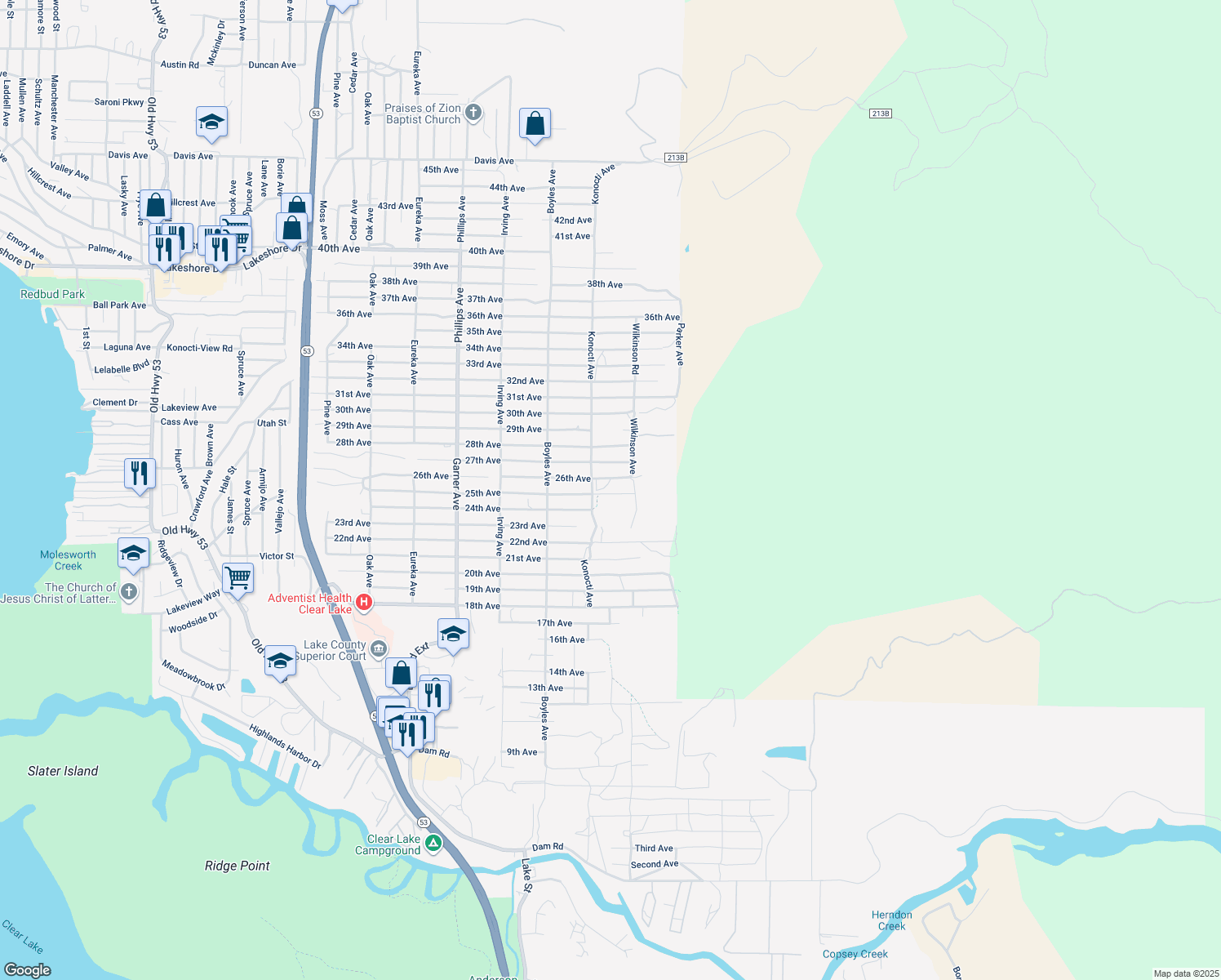 map of restaurants, bars, coffee shops, grocery stores, and more near 16296 25th Avenue in Clearlake