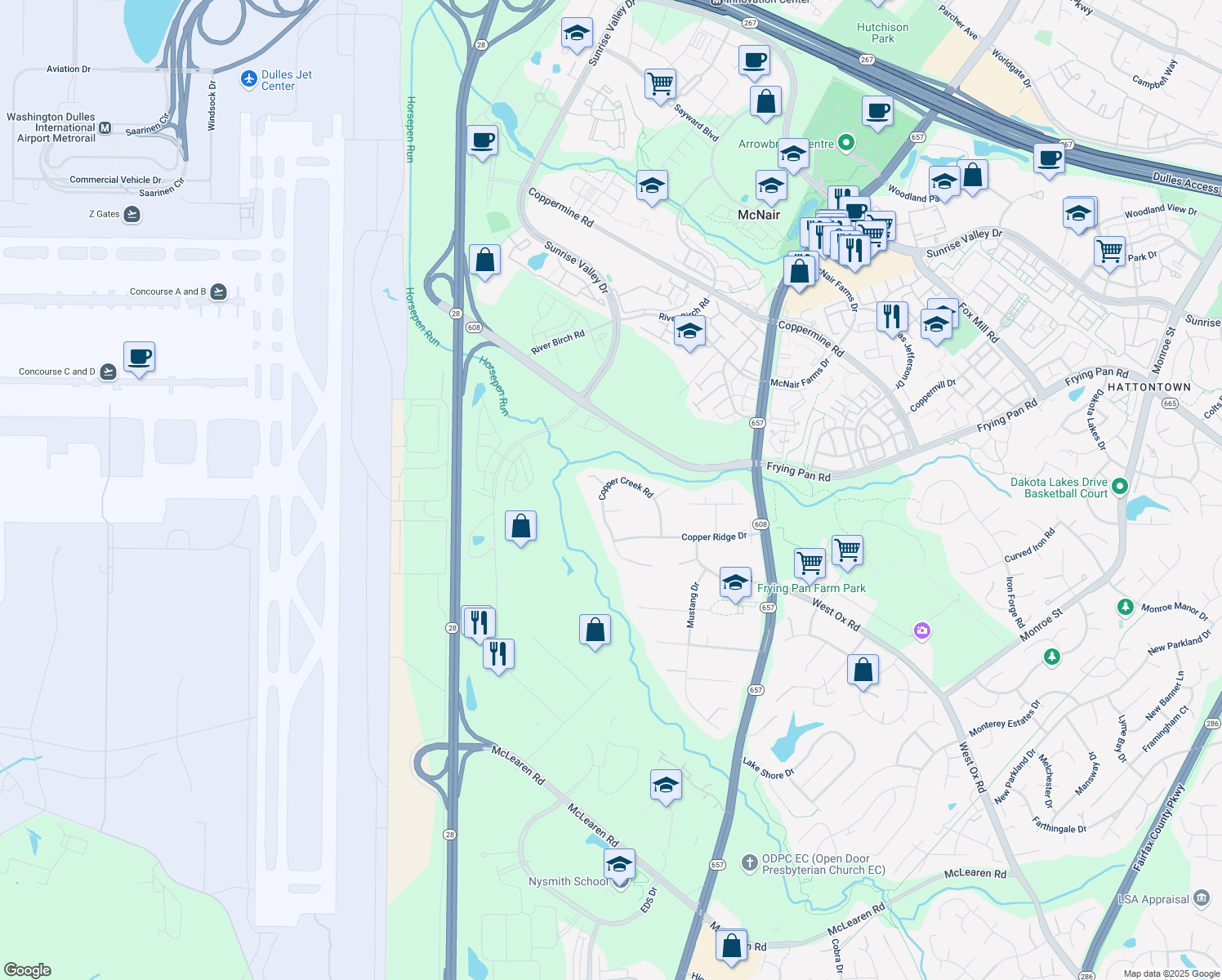 map of restaurants, bars, coffee shops, grocery stores, and more near 2727 Copper Creek Road in Herndon