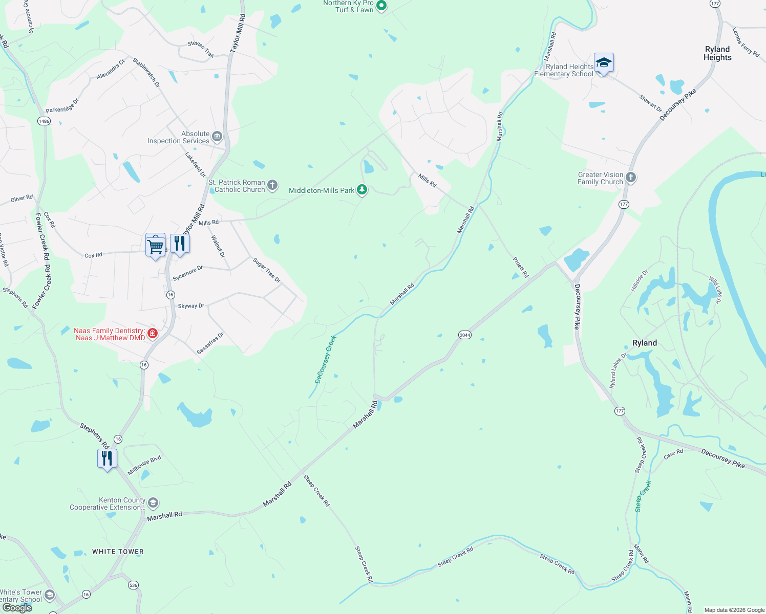map of restaurants, bars, coffee shops, grocery stores, and more near 10428 Marshall Road in Covington