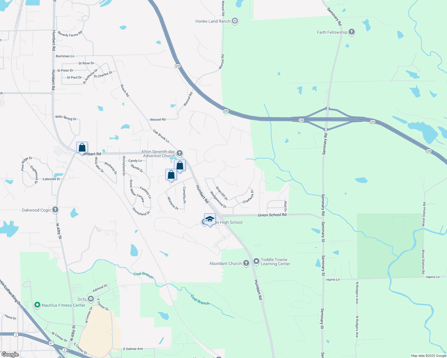 map of restaurants, bars, coffee shops, grocery stores, and more near 4432 Thatcher Road in Alton