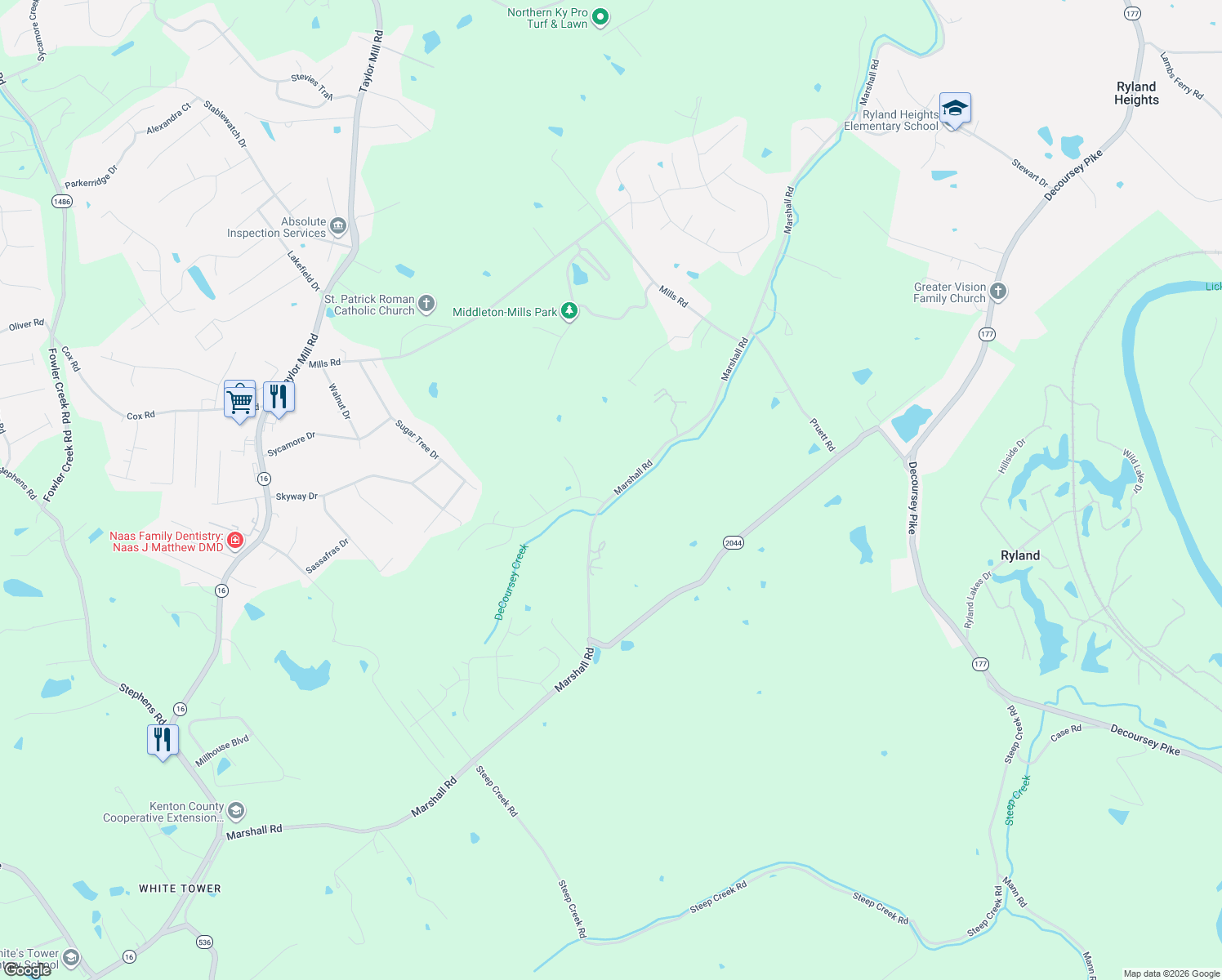 map of restaurants, bars, coffee shops, grocery stores, and more near 10428 Marshall Road in Covington