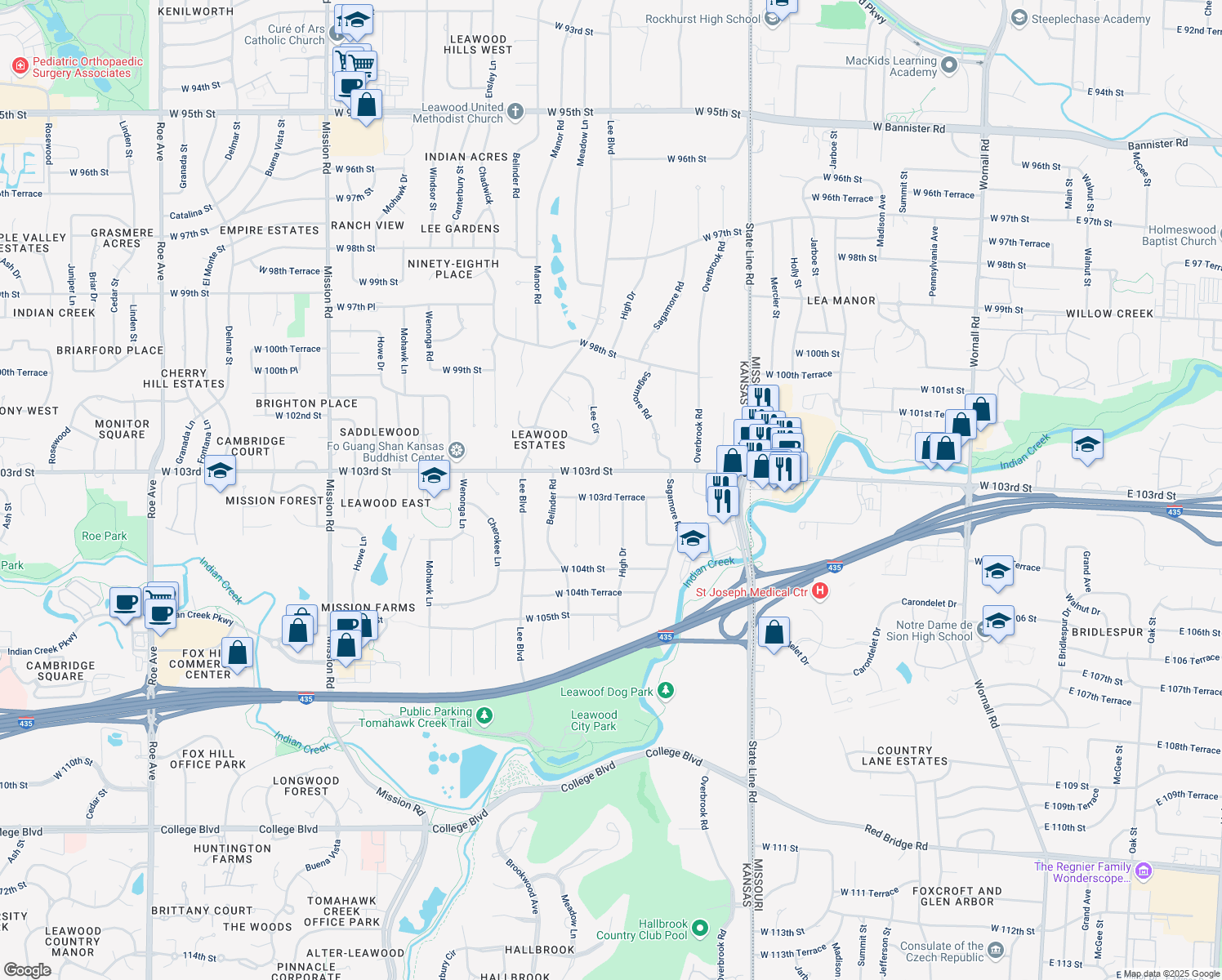 map of restaurants, bars, coffee shops, grocery stores, and more near 2304 West 103rd Terrace in Leawood