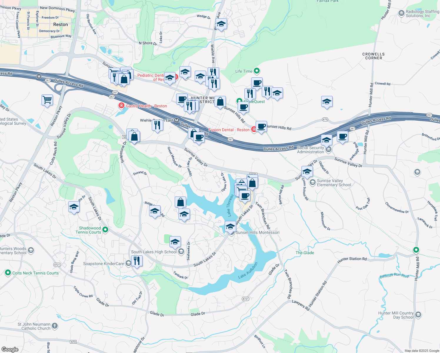 map of restaurants, bars, coffee shops, grocery stores, and more near 1923 Winterport Cluster in Reston