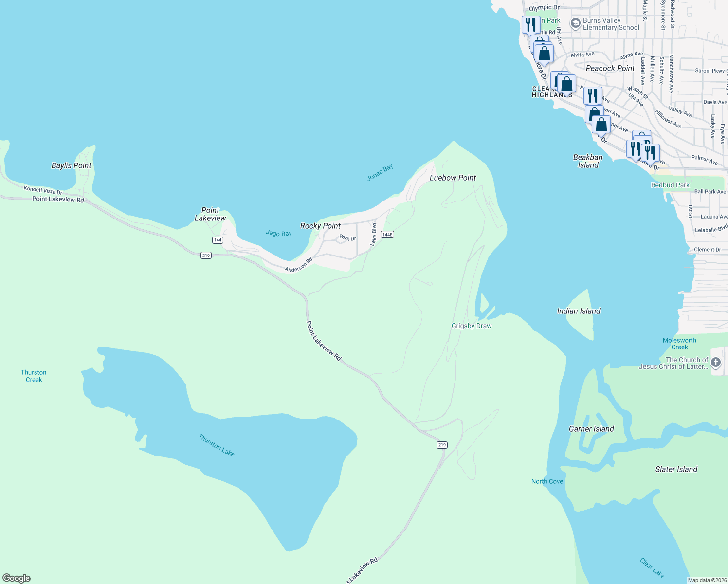 map of restaurants, bars, coffee shops, grocery stores, and more near 13120 Point Lakeview Road in Lower Lake