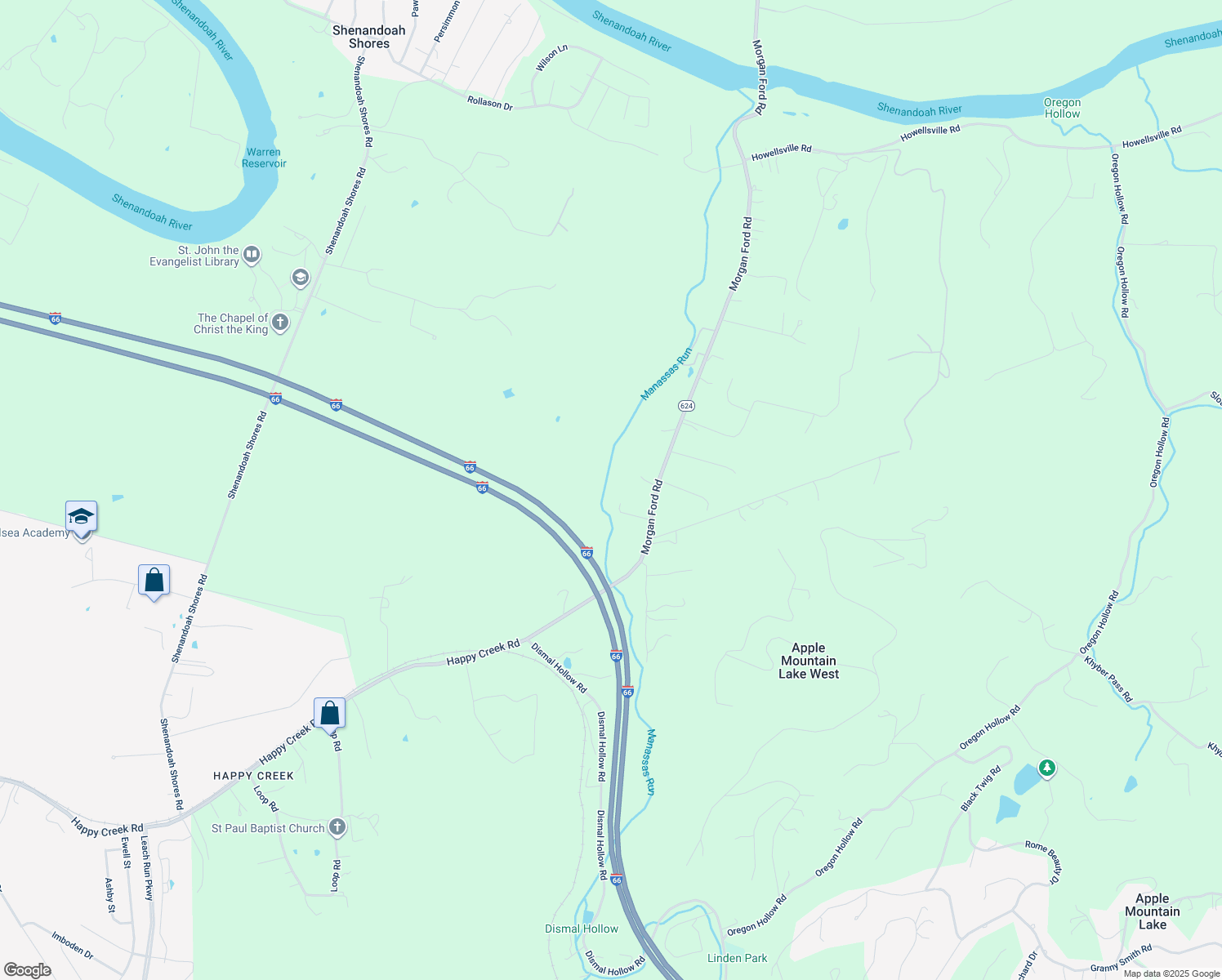 map of restaurants, bars, coffee shops, grocery stores, and more near 215 Morgan Ford Road in Front Royal