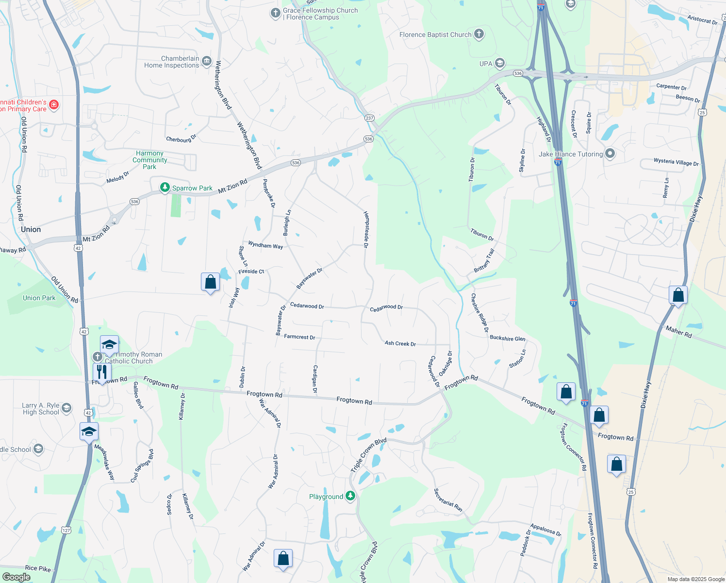map of restaurants, bars, coffee shops, grocery stores, and more near 10285 Hempsteade Drive in Union
