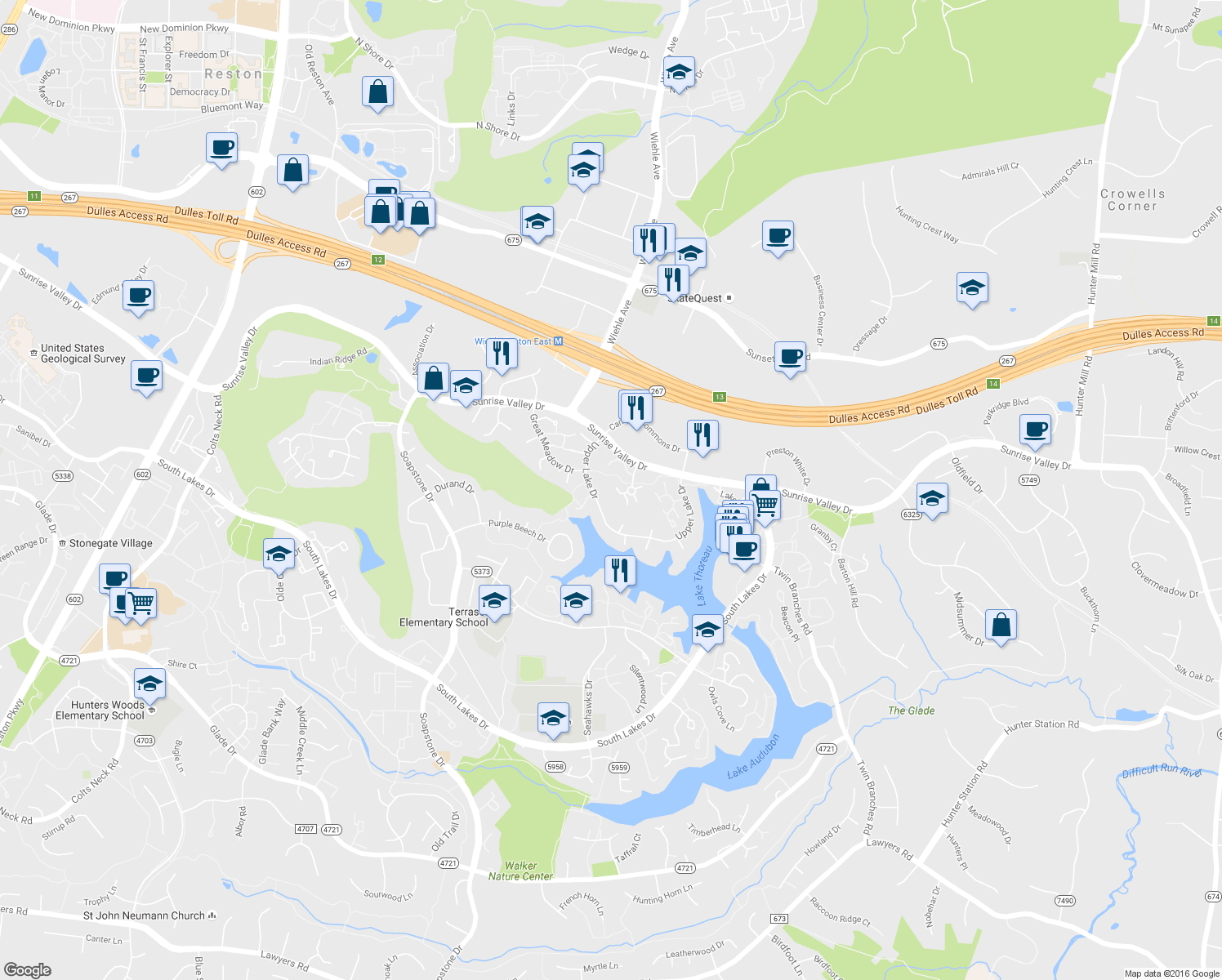 map of restaurants, bars, coffee shops, grocery stores, and more near 2020 Headlands Circle in Reston