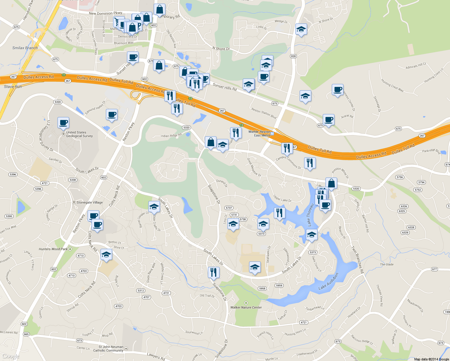 map of restaurants, bars, coffee shops, grocery stores, and more near 2039 Durand Drive in Reston