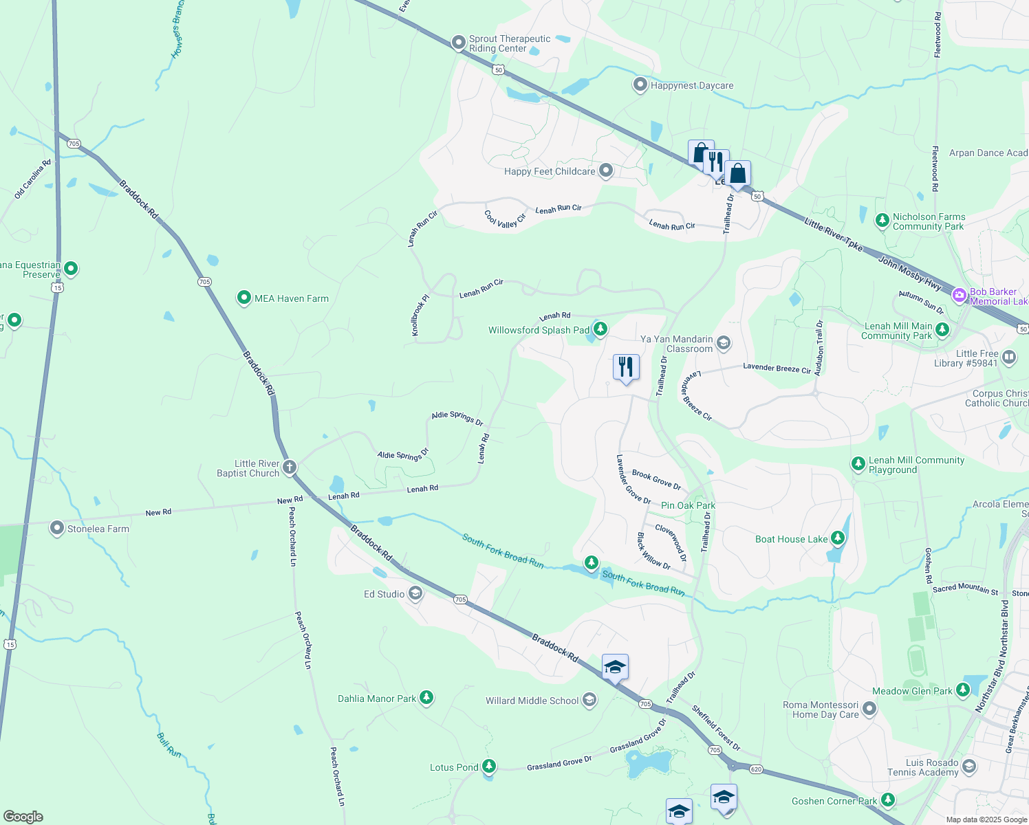 map of restaurants, bars, coffee shops, grocery stores, and more near 40777 Lark Rise Ln in Aldie
