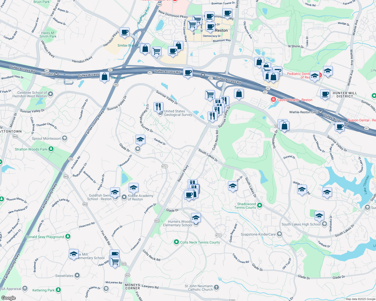 map of restaurants, bars, coffee shops, grocery stores, and more near 2228 Southgate Square in Reston