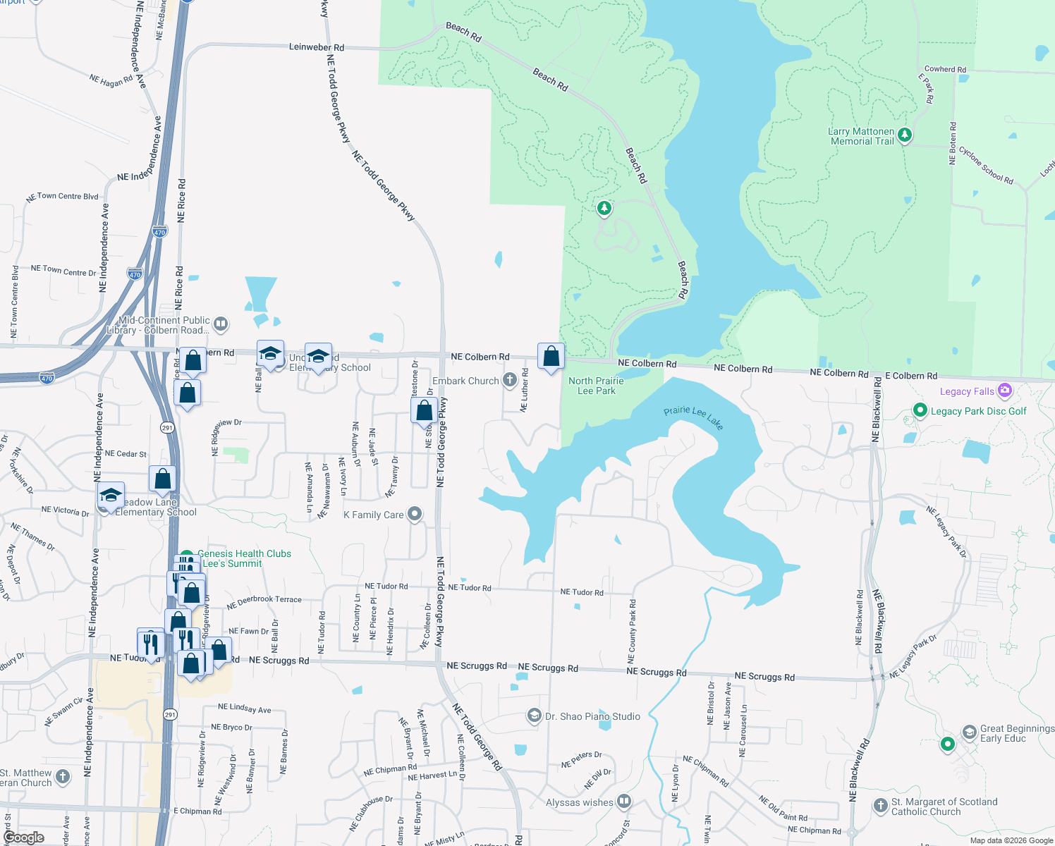map of restaurants, bars, coffee shops, grocery stores, and more near 1717 Northeast Luther Road in Lee's Summit