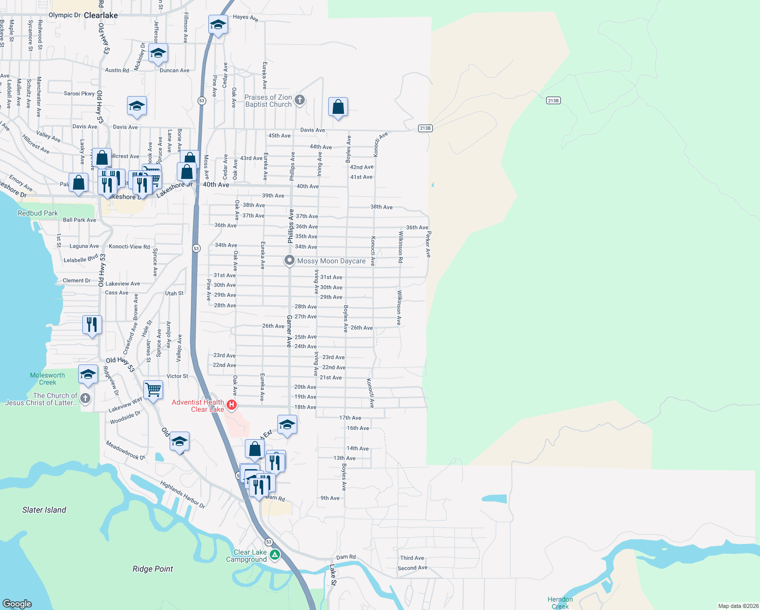 map of restaurants, bars, coffee shops, grocery stores, and more near 16278 28th Avenue in Clearlake
