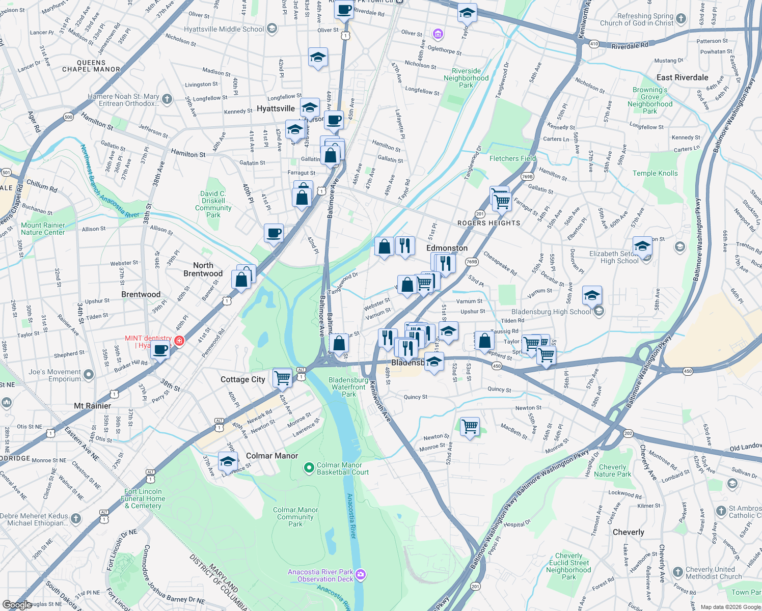 map of restaurants, bars, coffee shops, grocery stores, and more near 4807 Webster Street in Bladensburg