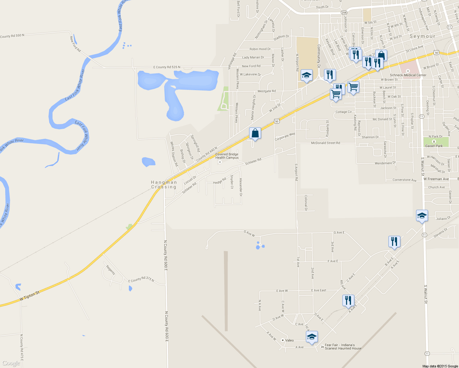 map of restaurants, bars, coffee shops, grocery stores, and more near 412 Snyder Ct in Seymour
