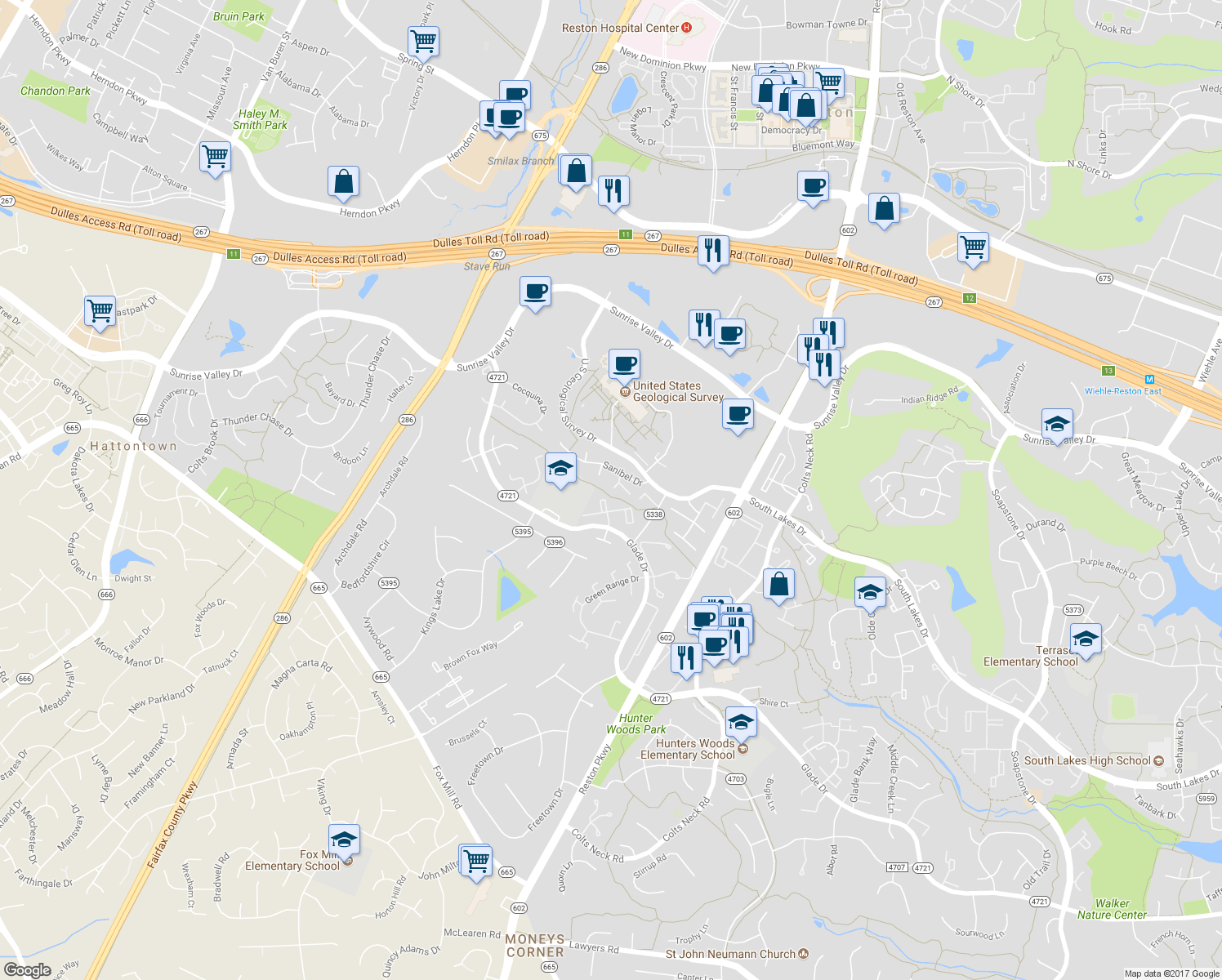 map of restaurants, bars, coffee shops, grocery stores, and more near 12195 Sanibel Court in Reston