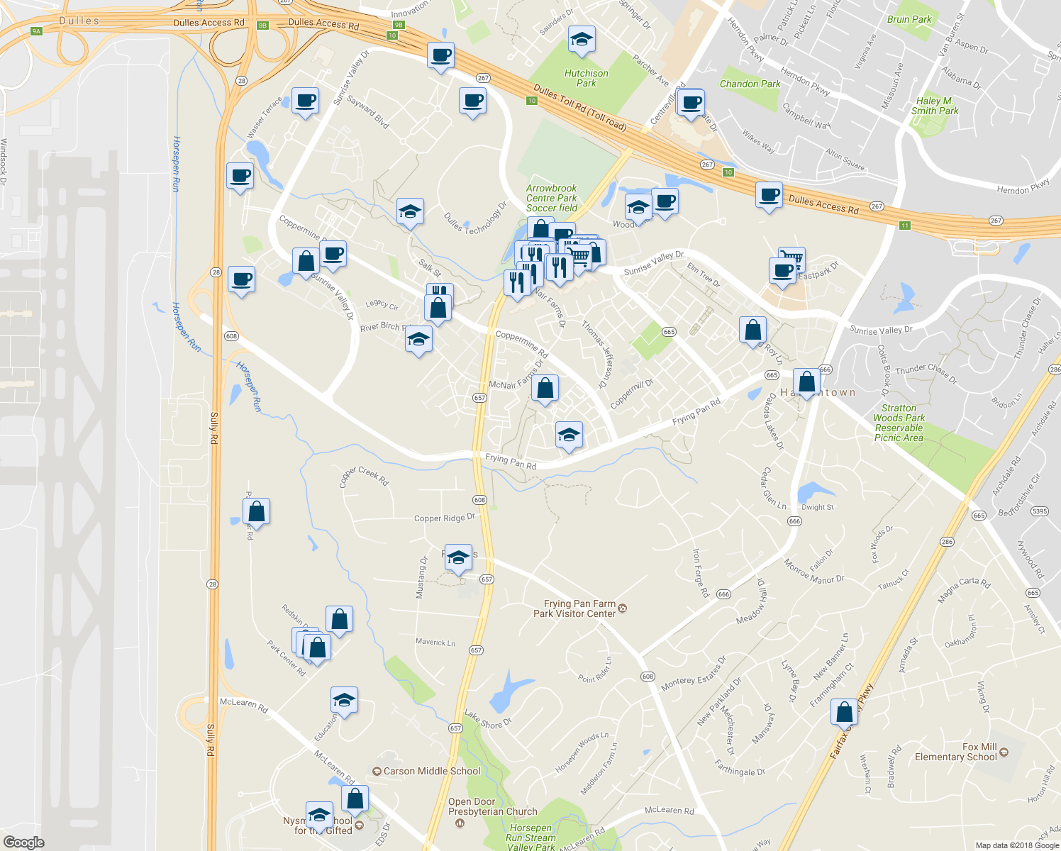 map of restaurants, bars, coffee shops, grocery stores, and more near 2699 Tarleton Corner Drive in Herndon