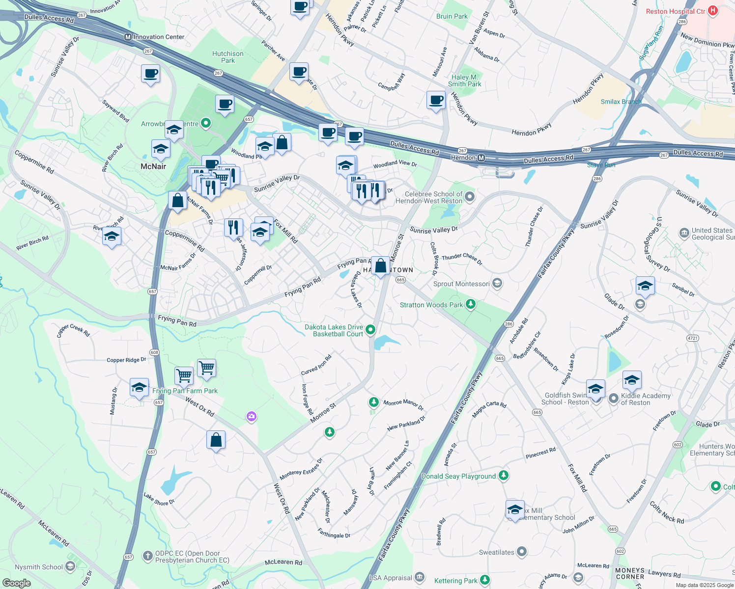 map of restaurants, bars, coffee shops, grocery stores, and more near 12986 Azalea Woods Way in Herndon