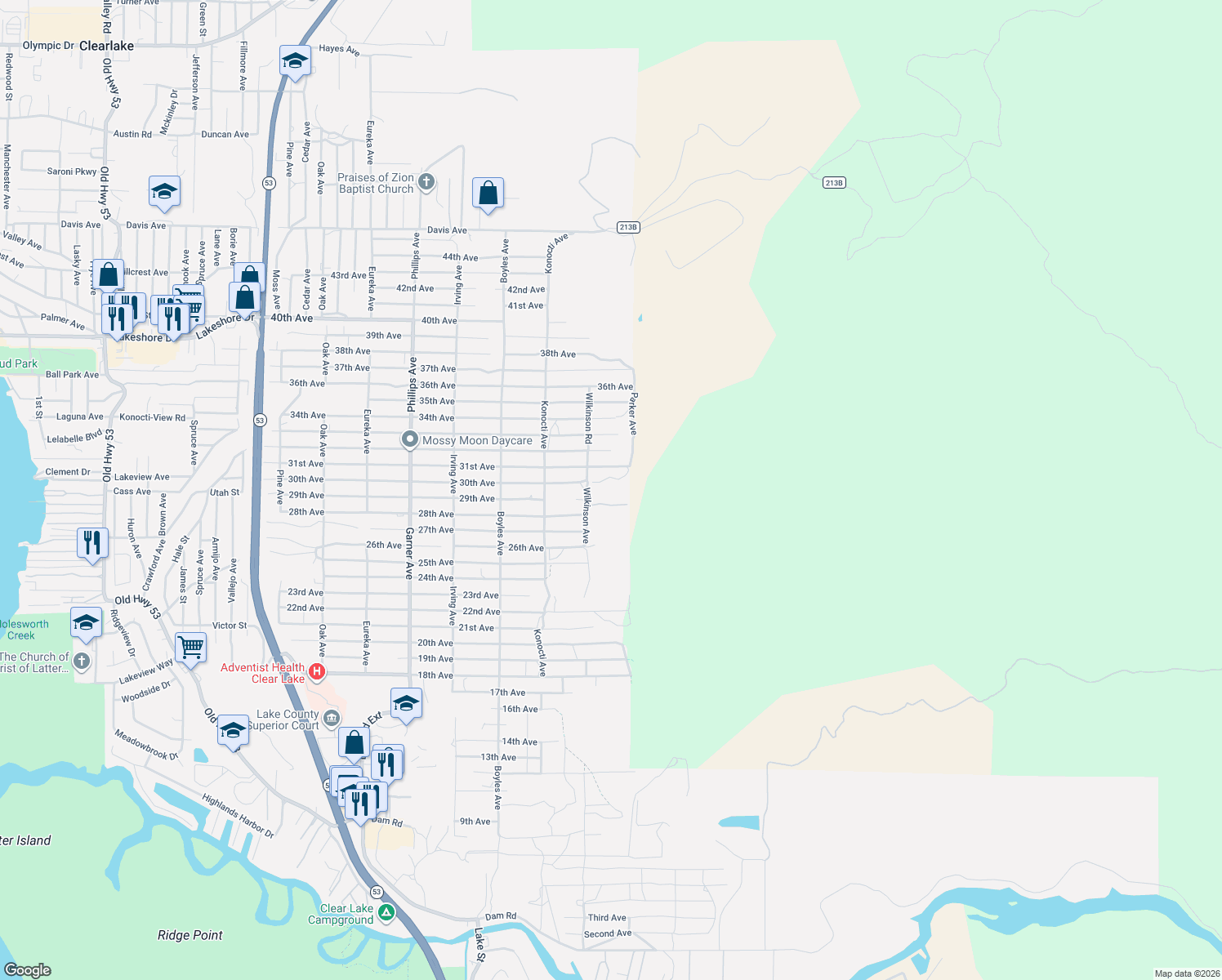 map of restaurants, bars, coffee shops, grocery stores, and more near 5625 Wilkinson Avenue in Clearlake