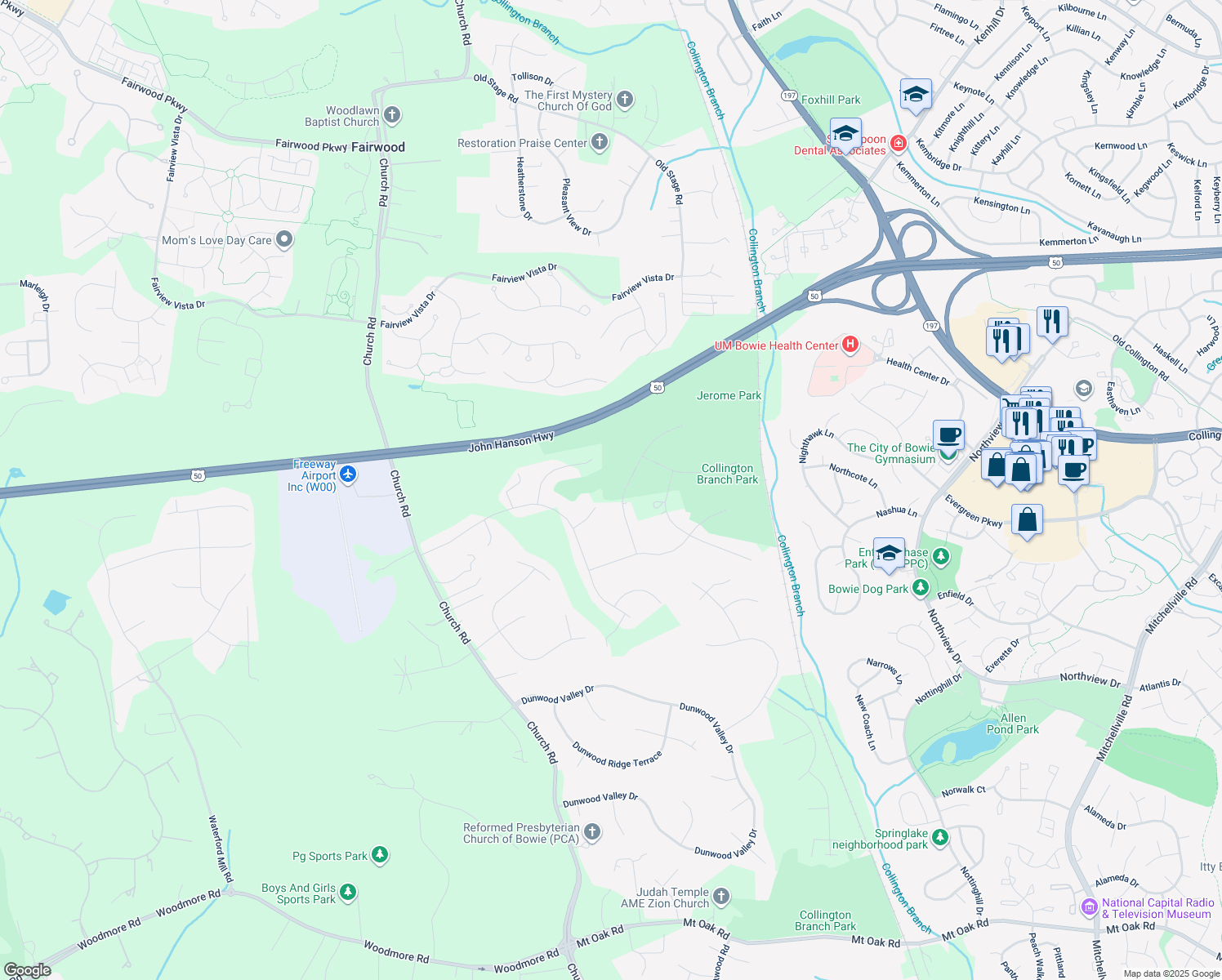 map of restaurants, bars, coffee shops, grocery stores, and more near 3904 Diplomat Avenue in Bowie