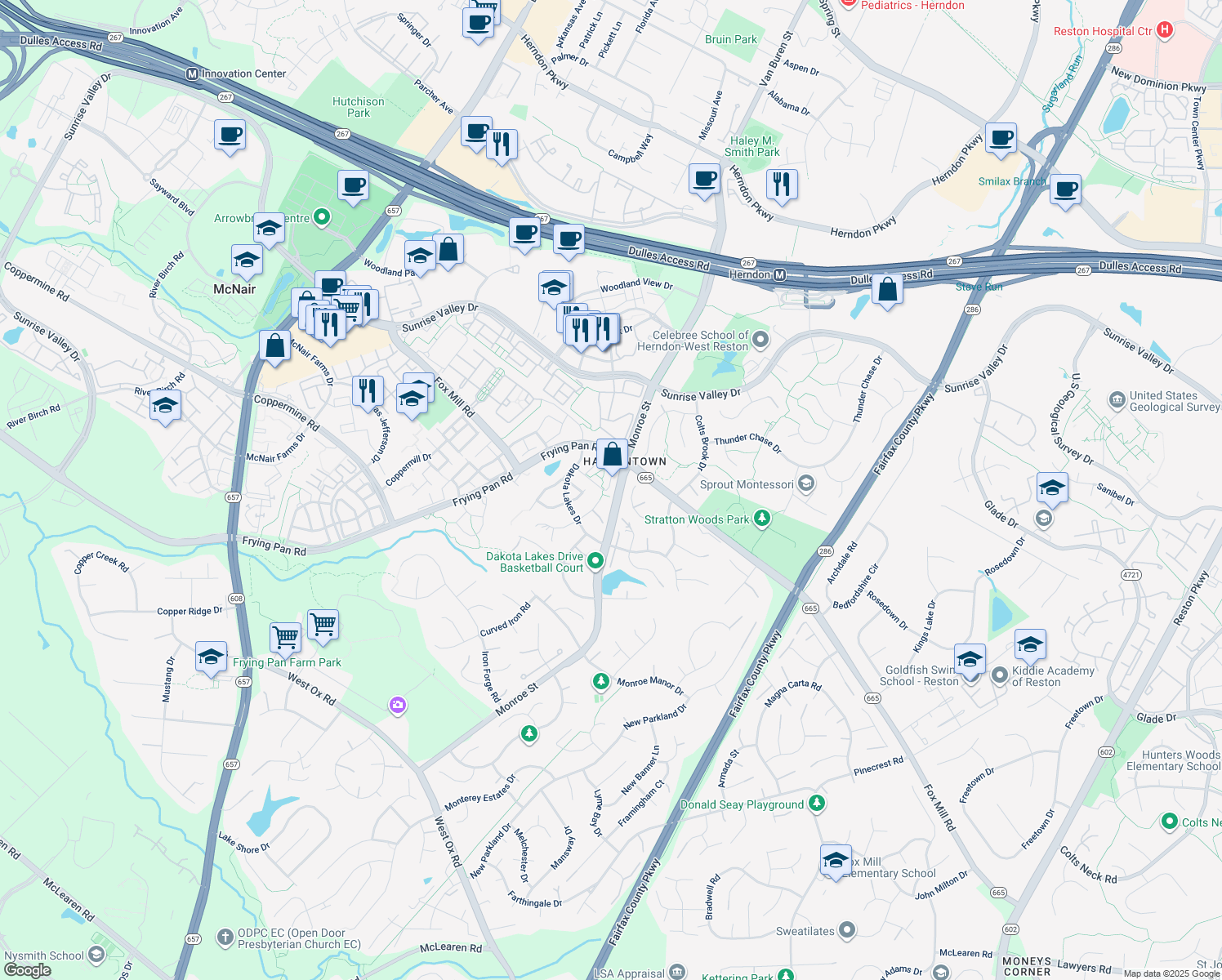 map of restaurants, bars, coffee shops, grocery stores, and more near 2456 Leyland Ridge Road in Herndon