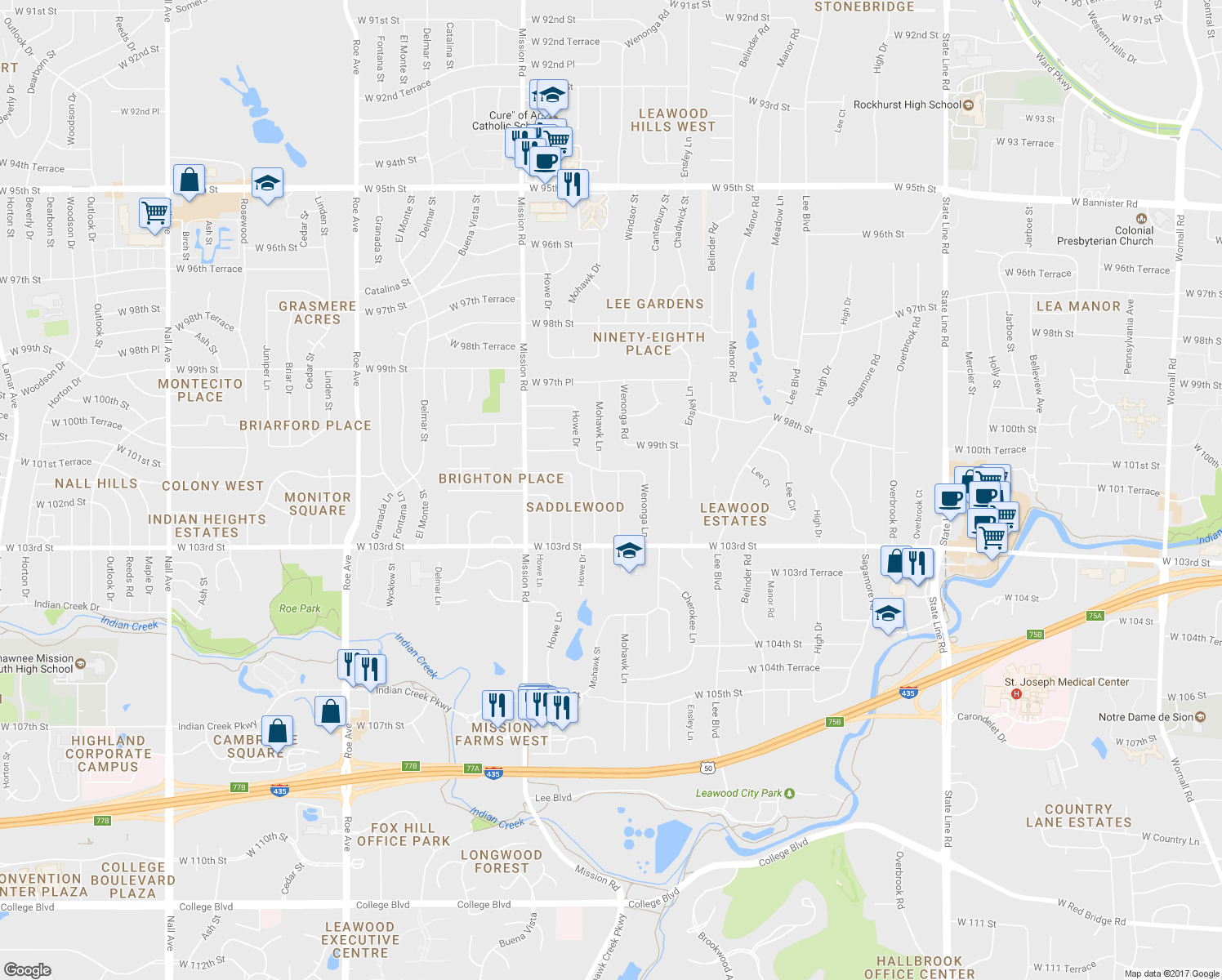 map of restaurants, bars, coffee shops, grocery stores, and more near 10108 Pawnee Lane in Leawood