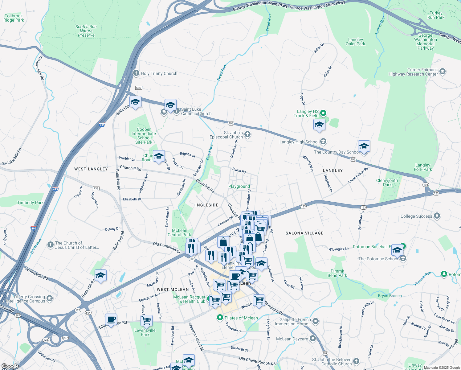 map of restaurants, bars, coffee shops, grocery stores, and more near 1153 Randolph Rd in McLean