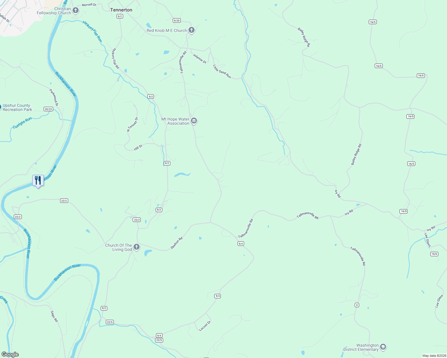 map of restaurants, bars, coffee shops, grocery stores, and more near 2397 Tallmansville Road in Buckhannon