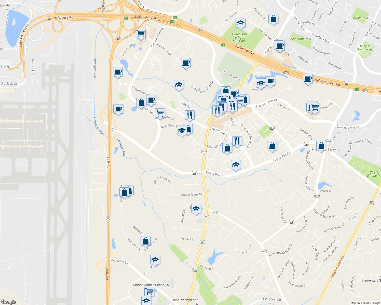 map of restaurants, bars, coffee shops, grocery stores, and more near 13614 Red Squirrel Way in Herndon